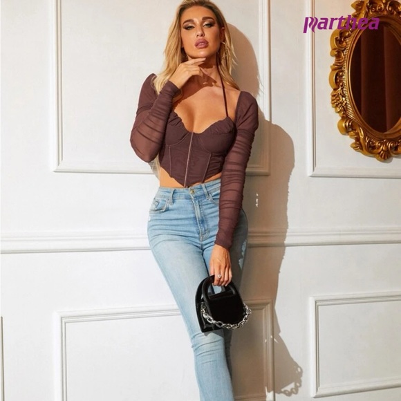 Tie Backless Ruched Hanky Hem Mesh Crop Corset Top - Picture 4 of 4